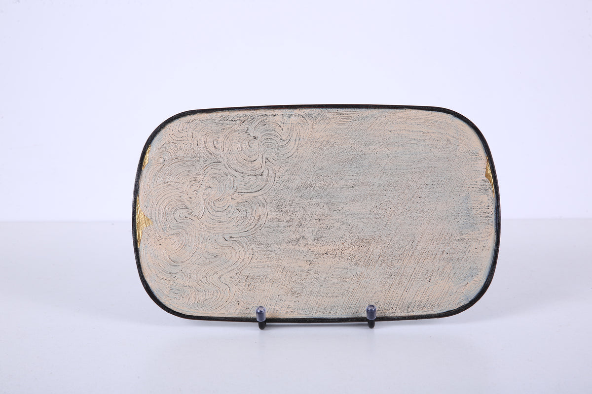 Ivory Wave Chinese Lacquer Oval Bamboo Tray