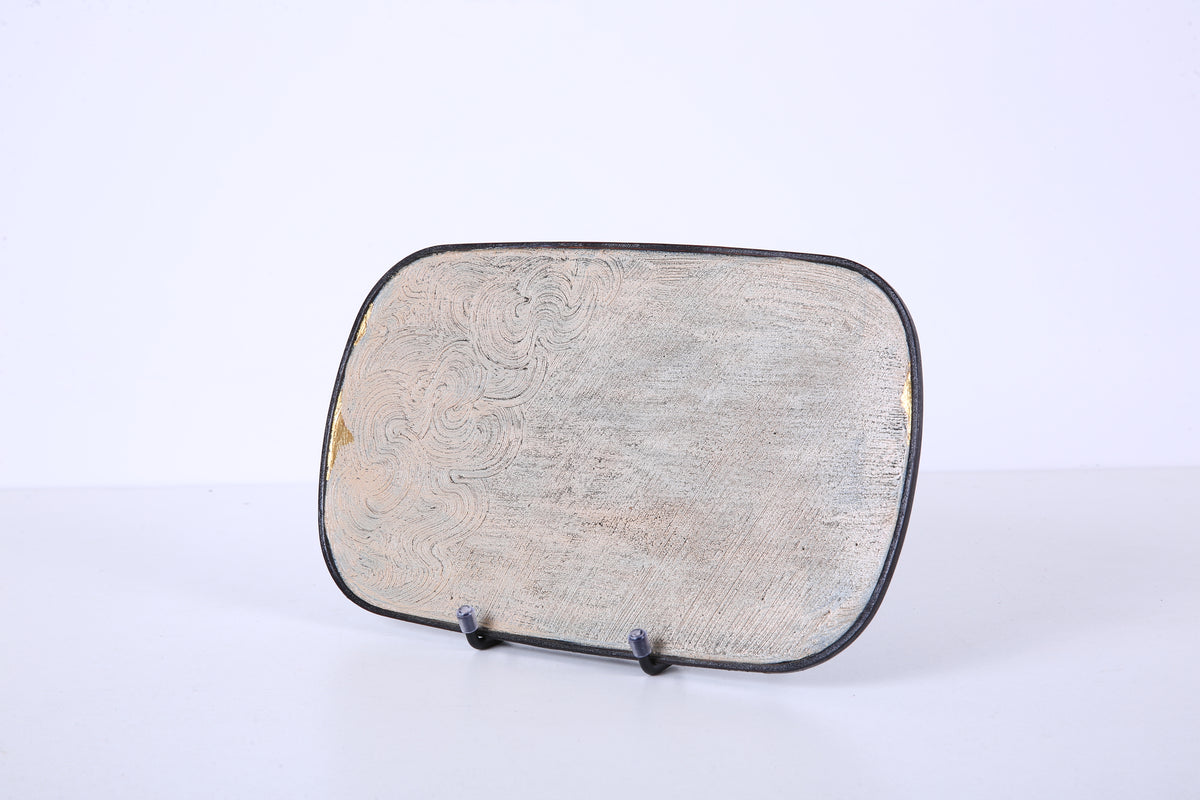 Ivory Wave Chinese Lacquer Oval Bamboo Tray