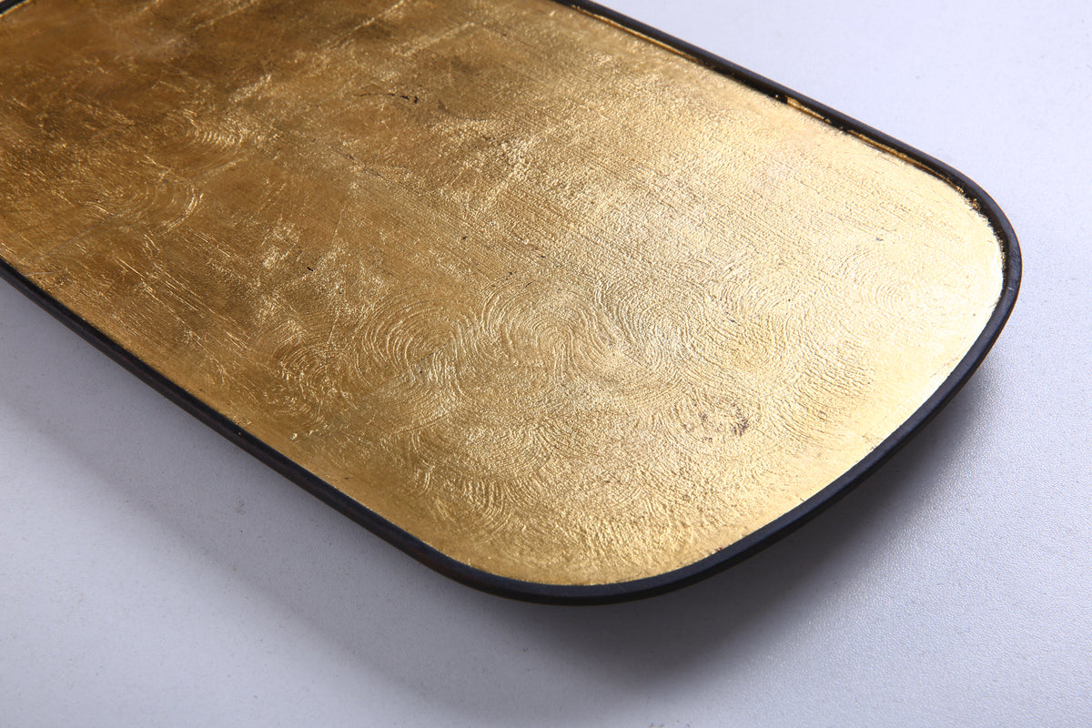 Aged Gold-Tone Chinese Lacquer Oval Bamboo Tray
