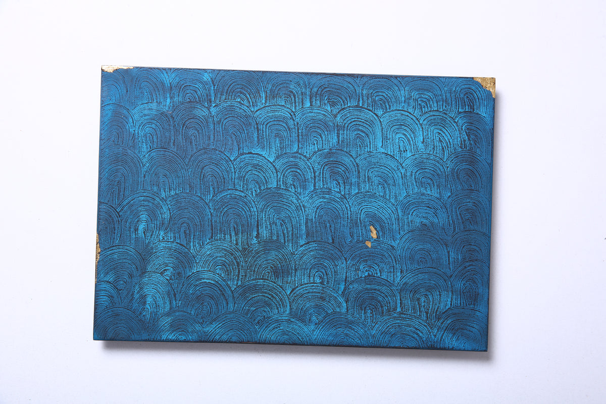 Blue-Black Scallop Chinese Lacquer Rectangular Wood Tray