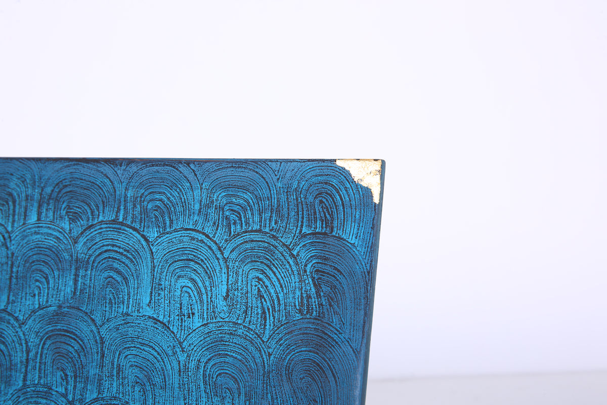 Blue-Black Scallop Chinese Lacquer Rectangular Wood Tray