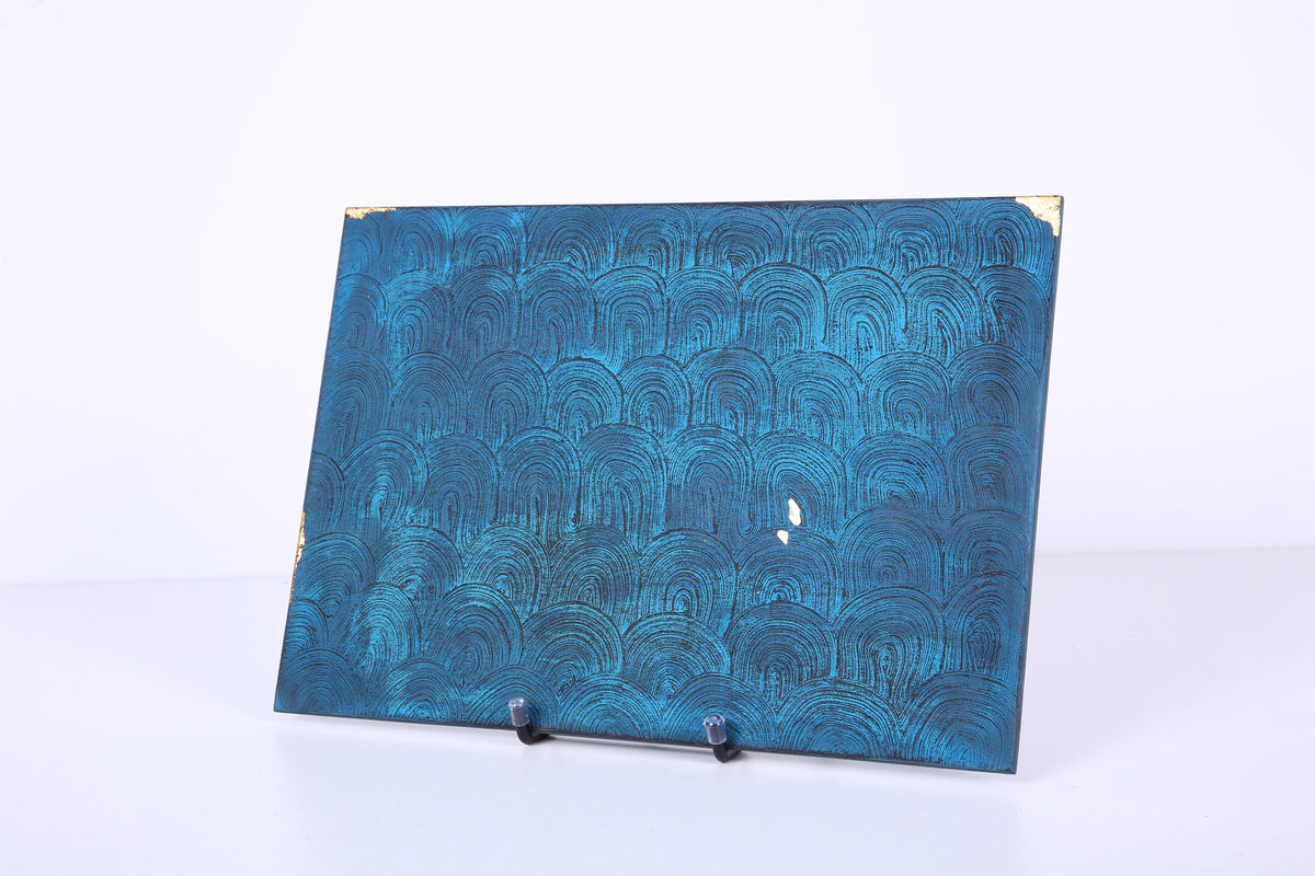 Blue-Black Scallop Chinese Lacquer Rectangular Wood Tray