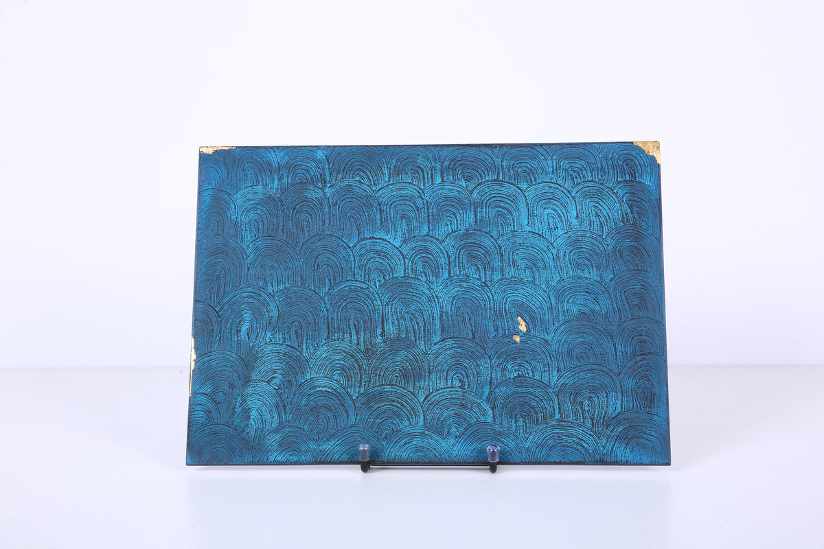 Blue-Black Scallop Chinese Lacquer Rectangular Wood Tray