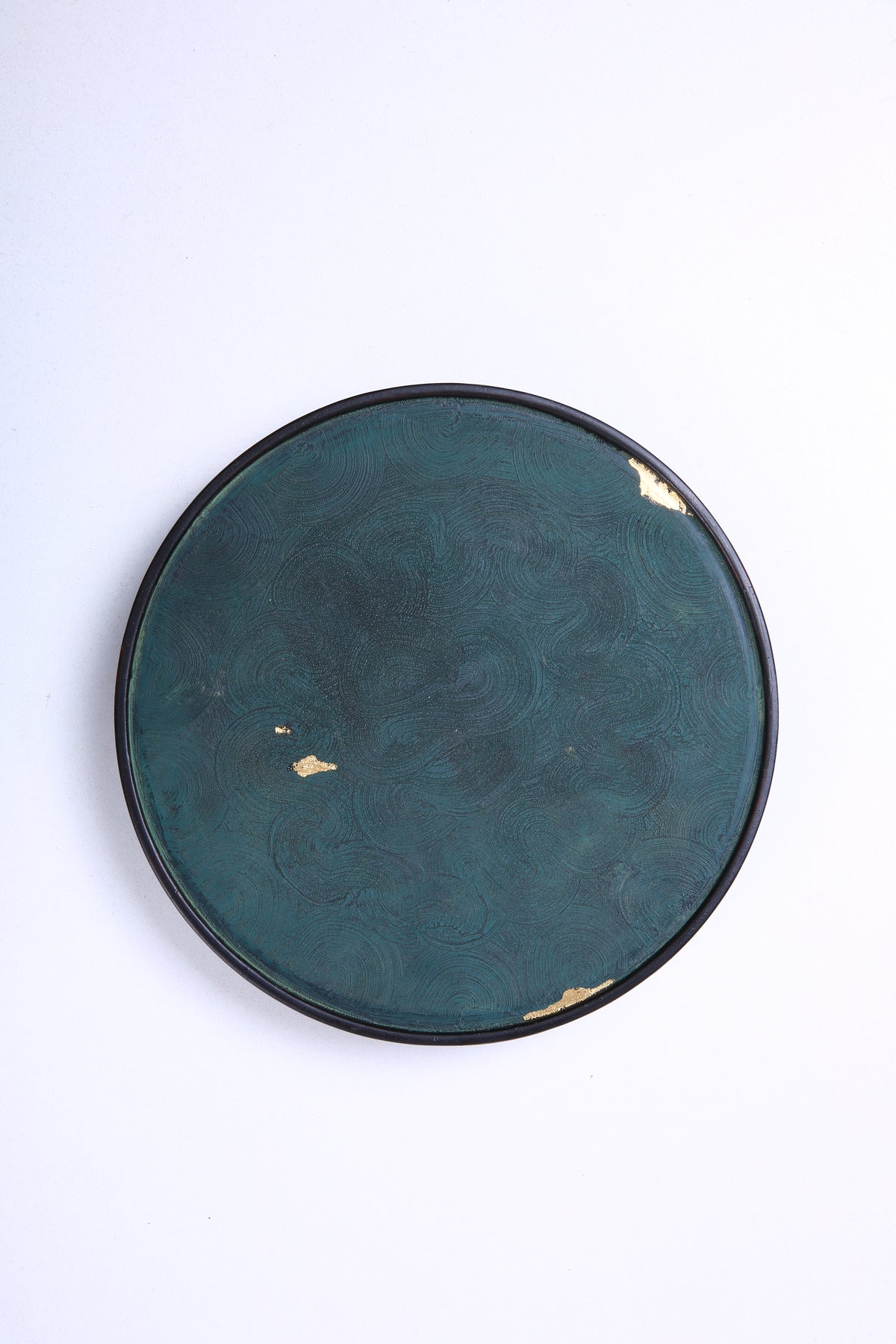 Deep Green Chinese Lacquer Round Bamboo Display Tray