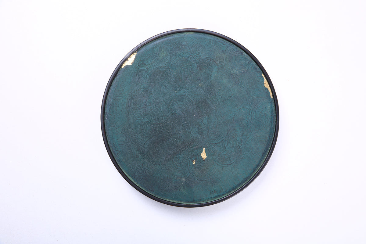 Deep Green Chinese Lacquer Round Bamboo Display Tray