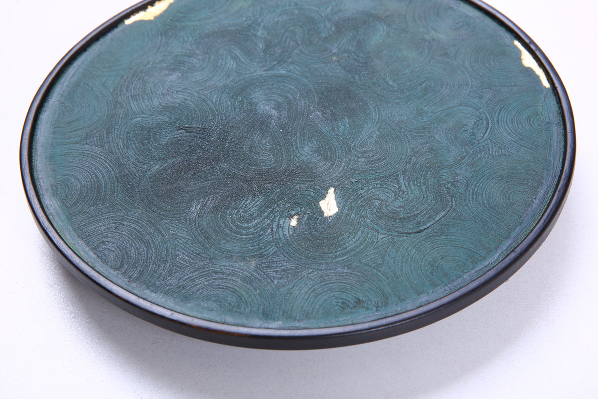 Deep Green Chinese Lacquer Round Bamboo Display Tray
