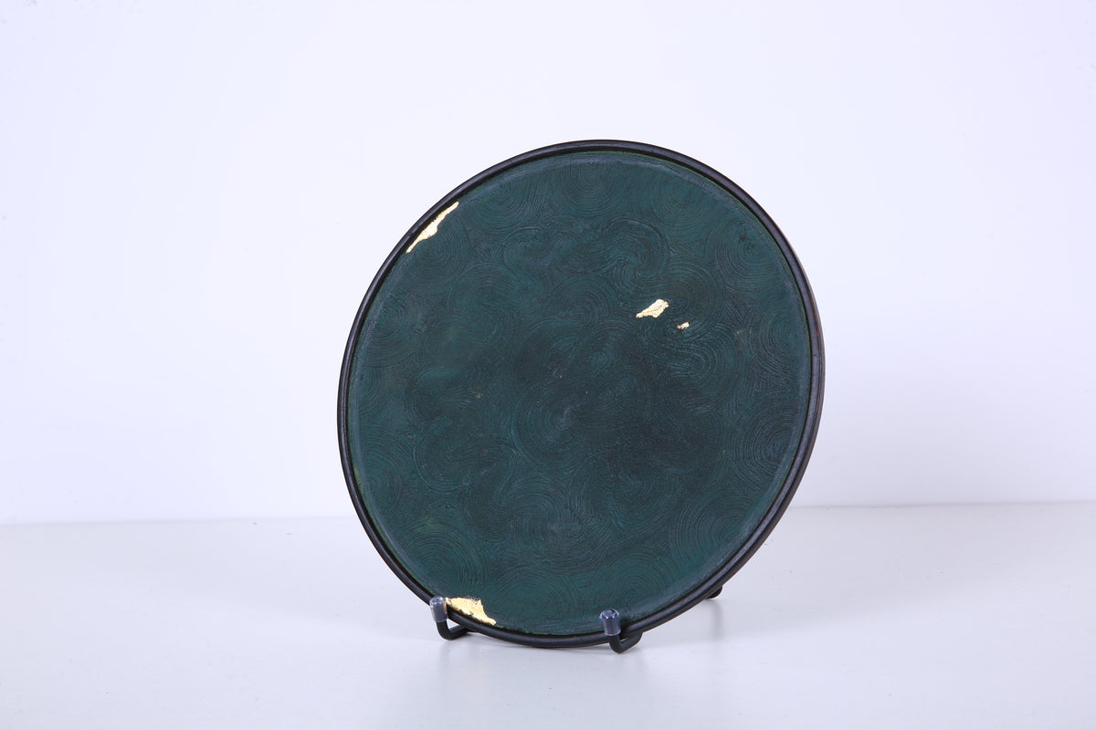Deep Green Chinese Lacquer Round Bamboo Display Tray