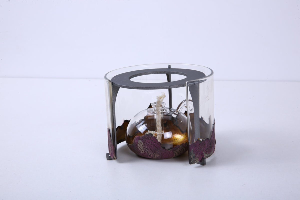 Compact Chinese Lacquer Glass Oil Lamp
