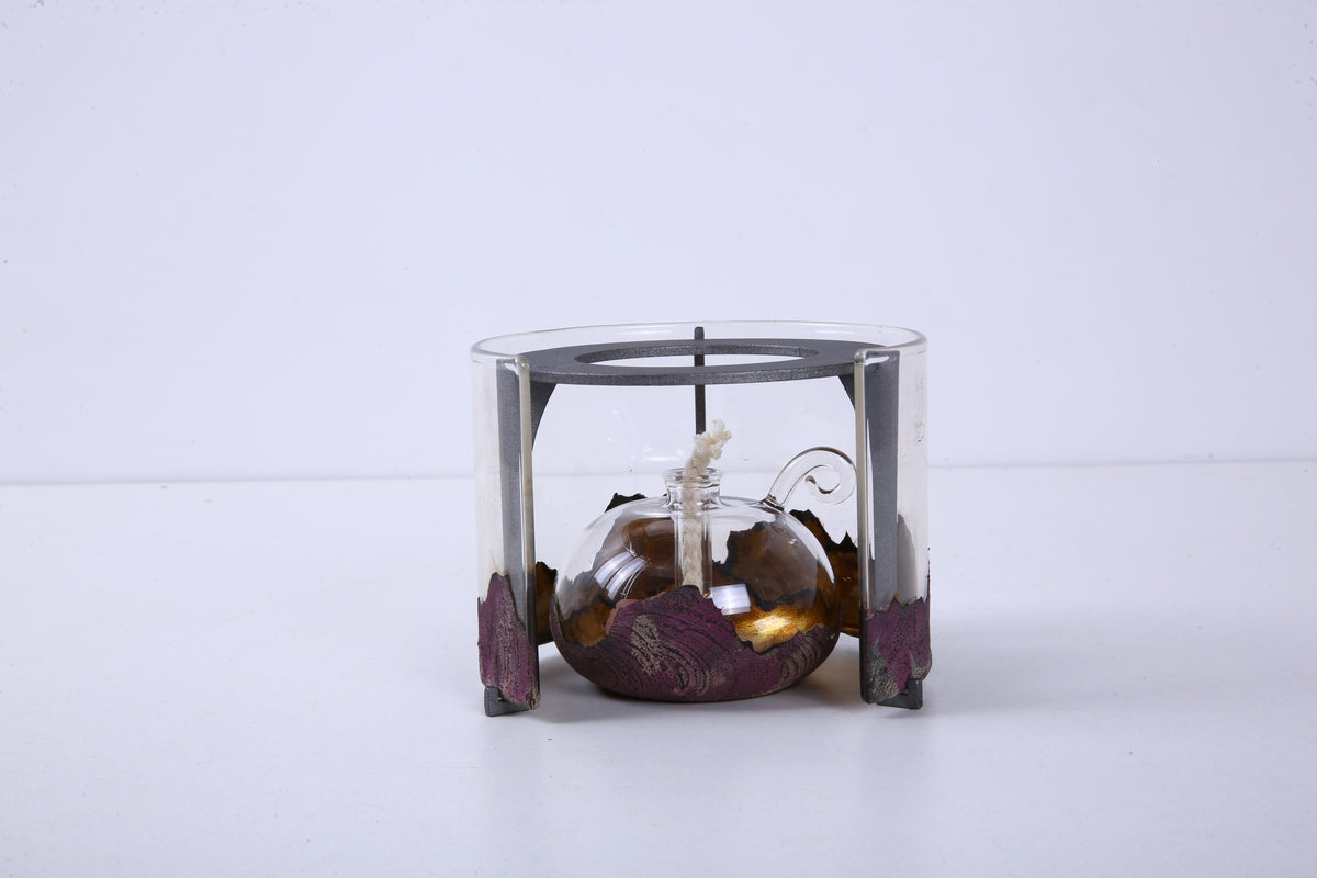 Compact Chinese Lacquer Glass Oil Lamp