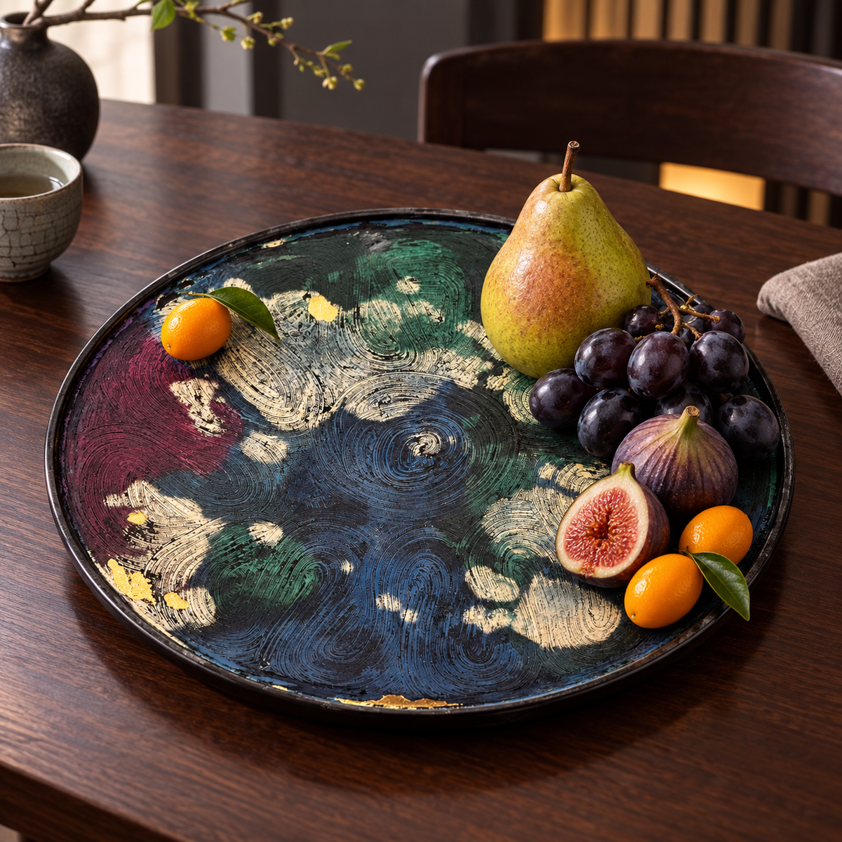 Handcrafted Chinese Lacquer Decorative Fruit Tray with Floral and Butterfly Design